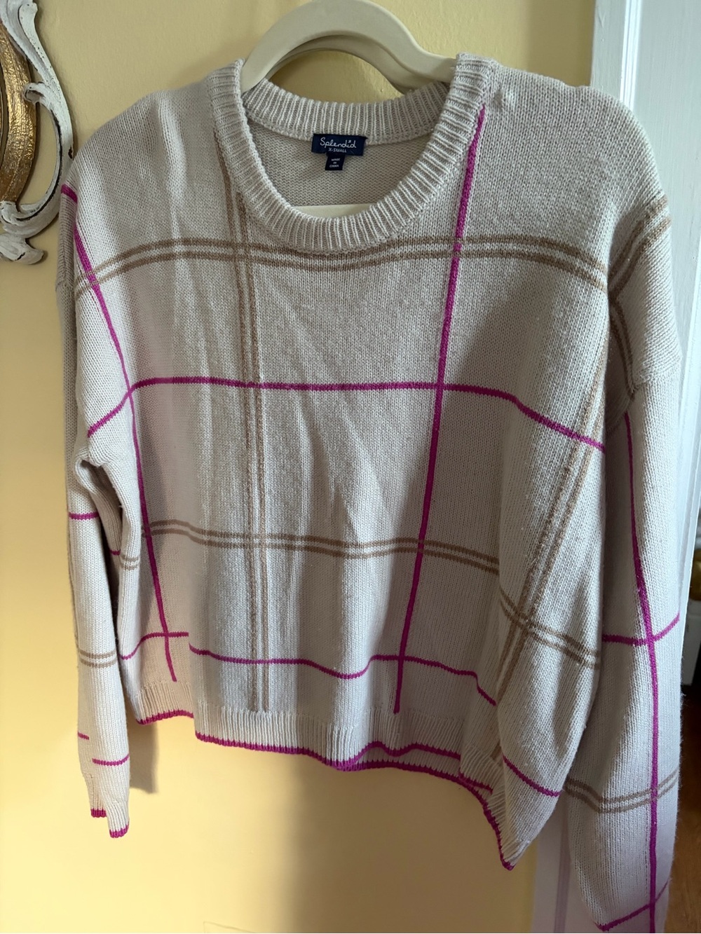 Splendid Cream Plaid Crewneck Sweater with Pink Accents